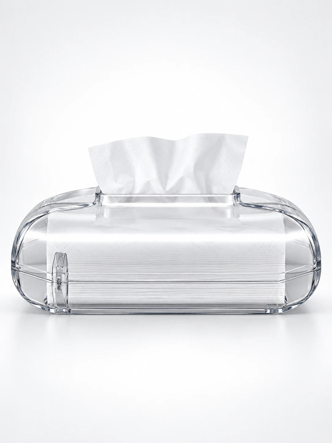 
Crystal clear acrylic tissue box showing white tissues inside, studio shot