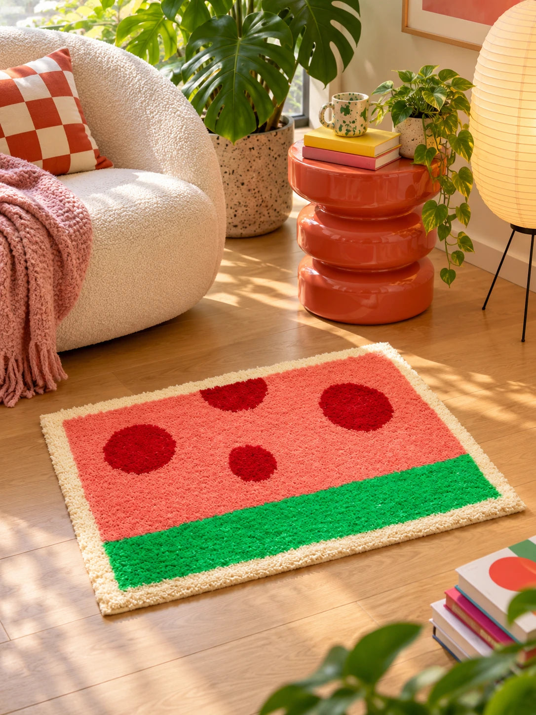 watermelon mat under a yellow desk chair in a colorful home office