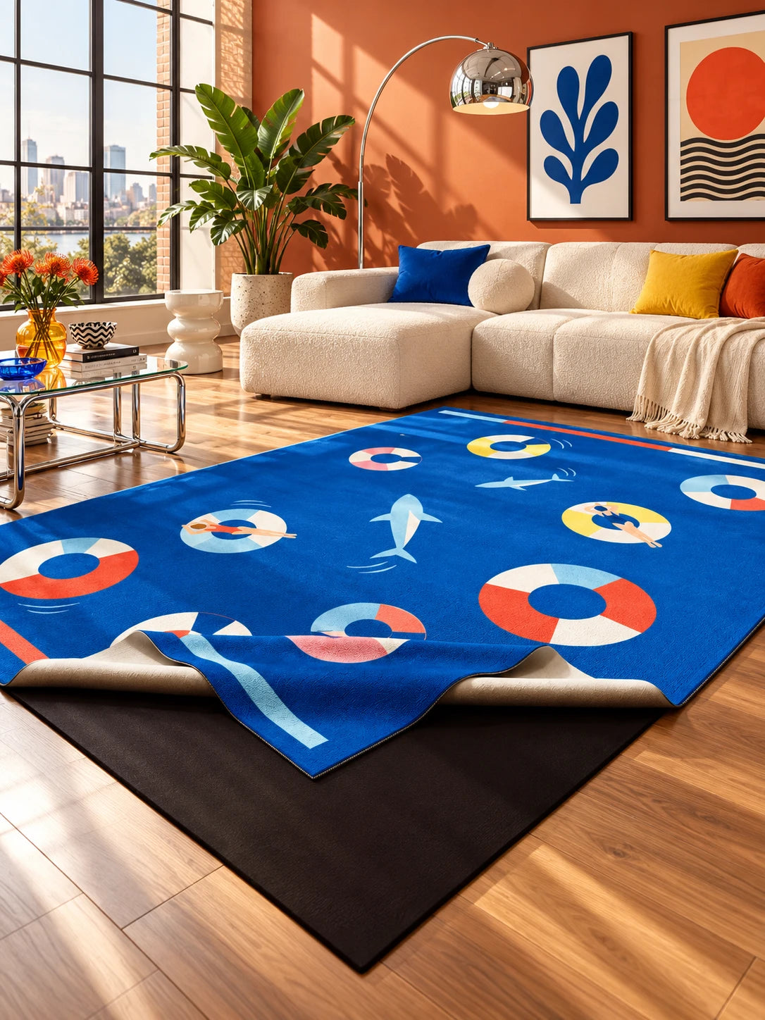 Pool party area rug before a cream sectional on an orange wall with a chrome arc lamp and city skyline