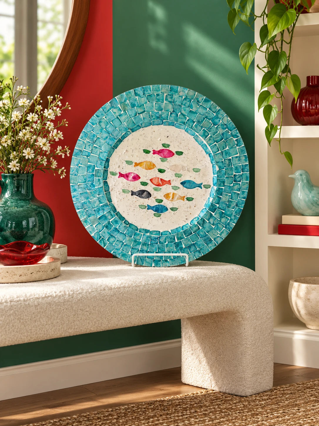 Fish mosaic display plate on a boucle bench against red and green walls
