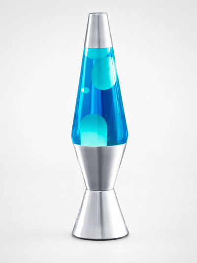 retro silver lava lamp with blue liquid and pale blue wax rising in a clear glass cone on a polished aluminum base